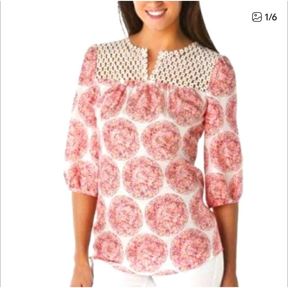 Calypso St Barth Target 100% Silk Blouse Size M Medallion Print Crochet Top